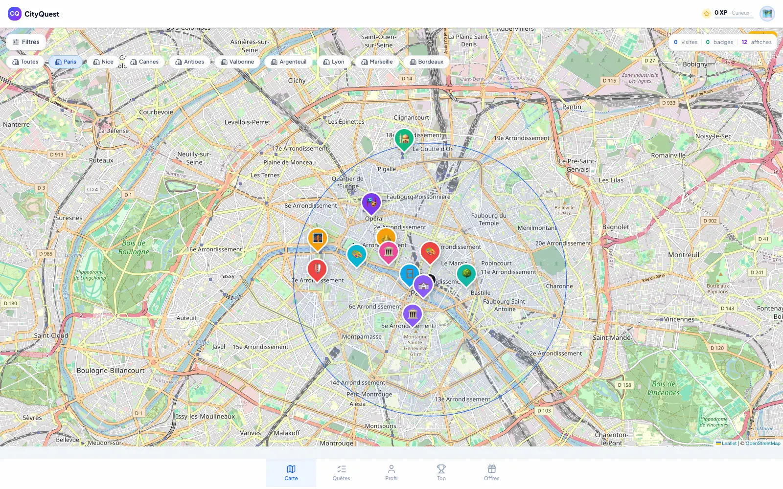 Carte de Paris de CityQuest, avec ses marqueurs colorés par catégorie, les filtres par ville et les compteurs d'XP et de badges