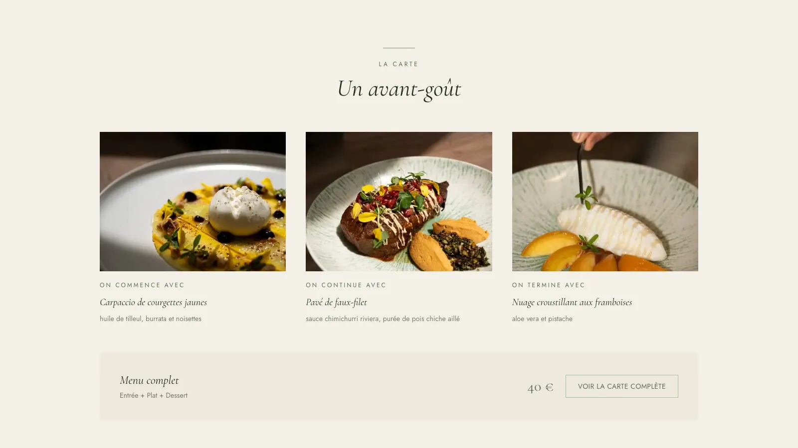 Section « Un avant-goût » du site : trois plats photographiés, titres en serif italique sur fond crème, puis le menu complet